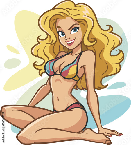 Cartoon blonde woman in colorful bikini 