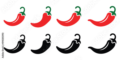 Chili pepper icon collection, featuring spicy and hot food symbols with red pepper outlines and solid illustrations, editable vector set in flat and stroke styles for culinary design, menus,