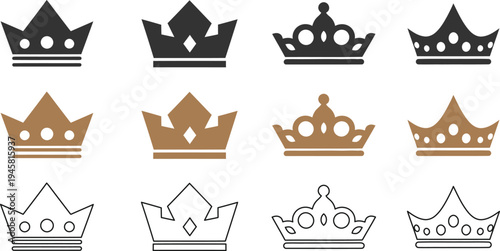 A collection of 12 regal crown icons in various metallic colors and line art styles