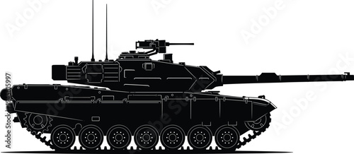 Black silhouette side view of modern main battle tank with long barrel gun, turret equipment, antennas, angular armor plating, and tracked wheel suspension system.