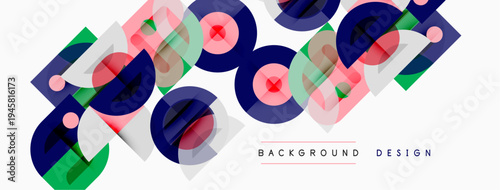 Abstract geometric shapes overlap, creating dynamic colorful pattern. Modern design elements suggest innovation, vibrancy.