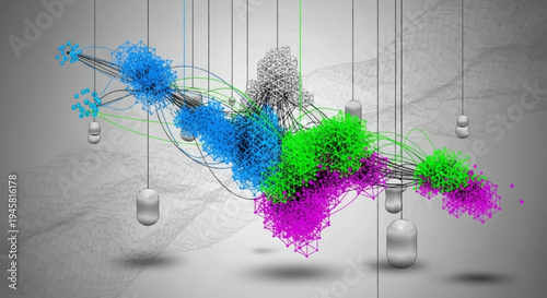 Abstract digital data visualization with colorful interconnected networks and technology elements