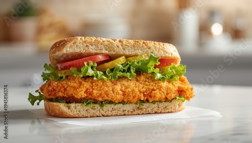 Tasty schnitzel sandwich on white table, zoomed in