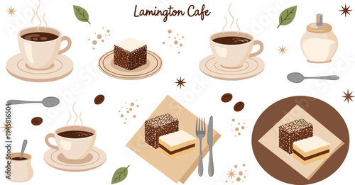 Lamington cake and coffee cafe set with Australian chocolate coconut dessert slices and hot drink vector illustration