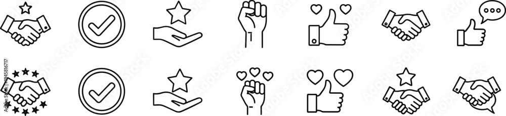 Obraz premium Approval agreement icons, trust handshake communication, positive interaction support recognition rating quality assurance feedback teamwork success organization motivatio