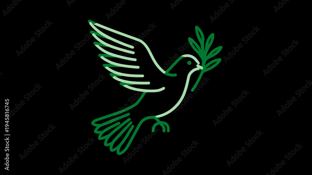 Fototapeta premium Neon Green Dove with Olive Branch Symbolizing Peace, Hope, and Freedom on a Dark Black Background
