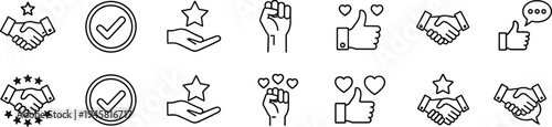 Approval agreement icons, trust handshake communication, positive interaction support recognition rating quality assurance feedback teamwork success organization motivatio