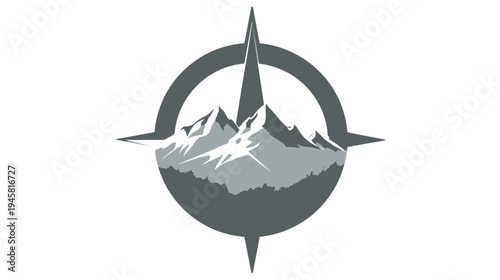 Stylized mountain range inside a compass rose vector illustration. Outdoor adventure, travel, navigation, and exploration concept icon.
