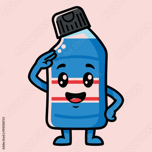 Cartoon blue bottle with red stripes and smiling face saluting