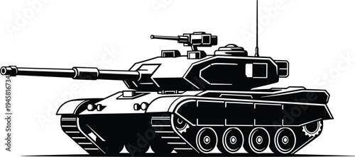 Black and white side view illustration of modern battle tank with long barrel gun, turret machine gun, armored plating, sensors, and continuous tracked wheel suspension system.