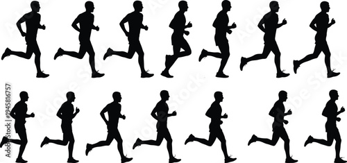 Running man silhouettes set, athlete jogging motion sequence, fitness training concept, marathon runner action poses, healthy lifestyle sport illustration
