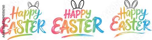Colorful happy easter calligraphy lettering with bunny ears vector set for holiday greeting cards festive posters and seasonal t-shirt designs