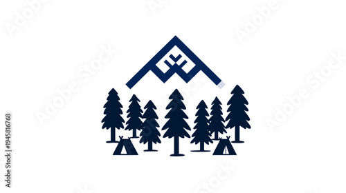Modern Mountain, Pine Forest, and Camping Tents Vector Logo Icon for Outdoor Adventure and Wilderness Travel Design