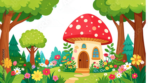 Fairy tale mushroom house illustration with red spotted toadstool roof, whimsical fantasy cottage surrounded by grass and flowers vector design