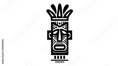 Stylized Black and White Tribal Mask Vector Illustration. Ethnic Cultural Art with Geometric Patterns and Headdress