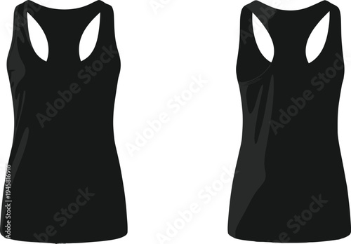 Front and back view illustration of black racerback tank tops with scoop neckline, fitted lightweight fabric, athletic design, and sportswear style for fitness fashion.