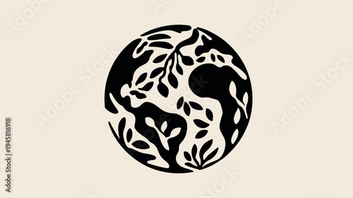 Monochrome stylized Earth globe with organic leaf and branch patterns, symbolizing nature, ecology, and environmental sustainability concept.