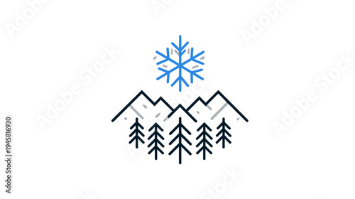 Minimalist Winter Mountain Landscape with Pine Trees and Snowflake Icon for Cold Weather and Seasonal Design