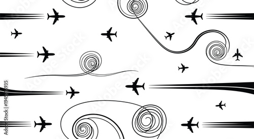 Airplane flight path and contrail swirl silhouettes set, aircraft route trails and aviation movement lines for travel, navigation and air transport design