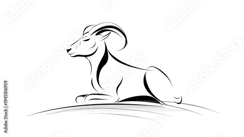 Stylized black and white line art illustration of a majestic horned ram or bighorn sheep lying down peacefully
