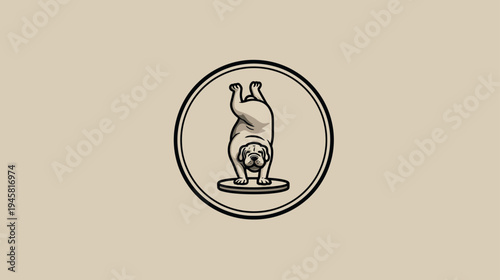 Vintage style illustration of a playful dog doing a handstand in a circular emblem. Retro animal character design concept.