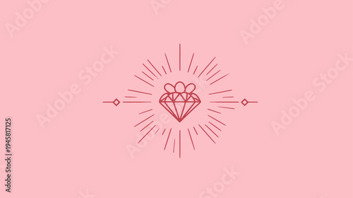 Elegant line art diamond with a crown and radiating sparkle on a pink background, symbolizing luxury, premium quality, and royal design.