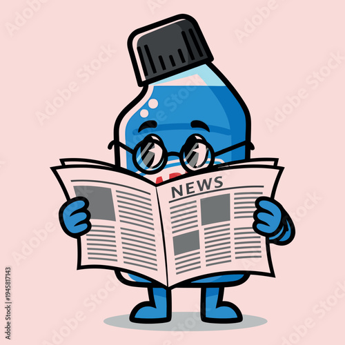 Cartoon blue ink bottle character reading newspaper with glasses
