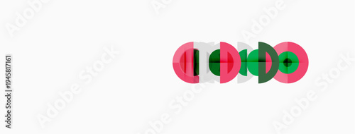 Four overlapping circular shapes. Colors include pink, green, white, black. Minimalist design, simple geometry, flat illustration.