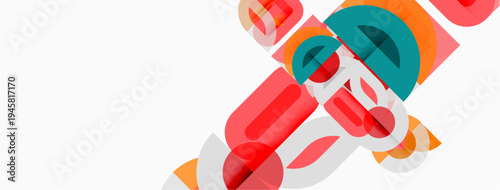 Abstract geometric shapes overlap, creating dynamic composition. Red, teal, orange hues dominate white background. Modern design elements present.