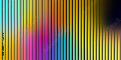 Glass ripple texture with dark gradient background and vivid orange, blue, and lilac light streaks. Vibrant abstract vertical stripes with subtle gradient effect and pixelated accents creating a dynam