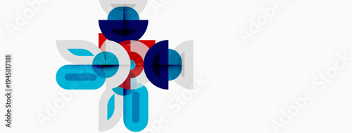 Abstract geometric shapes overlap, creating dynamic composition. Blue, gray tones dominate white background. Modern design elements present.