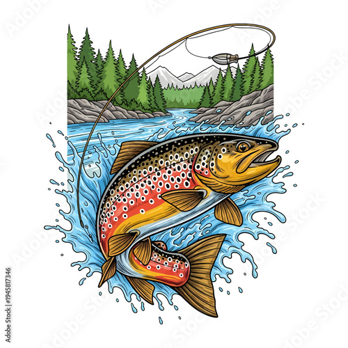 Brown trout jumping out of water with mountain and forest background vintage vector illustration