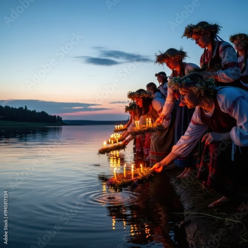 Women in traditional ethnic dress placing wreaths with candles on water at dusk. Slavonic Kupala night ritual celebration. Folk culture, mystical summer solstice ceremony tradition.