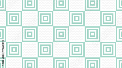 Abstract geometric pattern of nested squares and zig-zag lines in teal and white, creating a visually engaging tiled background effect for design