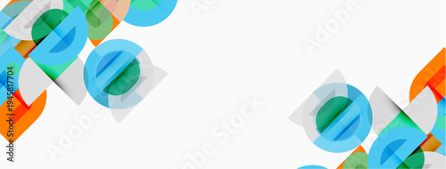 Abstract geometric shapes overlap, creating colorful patterns. Light blue, green, orange hues dominate white background. Minimalist design.