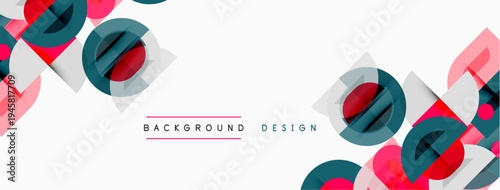 Abstract geometric shapes overlap, creating dynamic visual texture. Pink, teal, gray tones dominate white space. Minimalist design elements present.