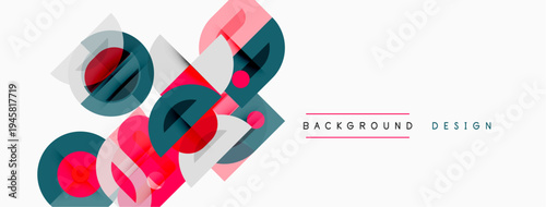 Abstract geometric shapes overlap, creating dynamic visual effect. Pink, teal, blue hues dominate composition. Minimalist design.