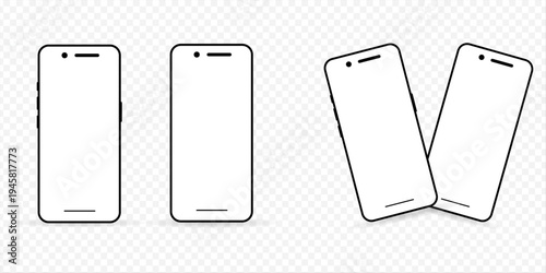 Smartphone mockup collection featuring front and angled views on transparent background wireframe icons in flat line style showing different perspectives for mobile application interface design.