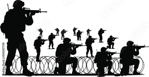 Army soldiers silhouette with rifles in tactical combat formation vector illustration, military defense scene with barbed wire isolated on white background for war and security concept