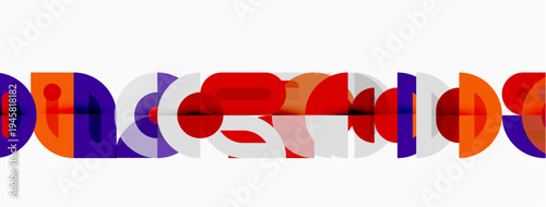 Abstract geometric shapes form colorful pattern. Circles, arcs, lines create modern visual design. Minimalist style, vibrant hues.