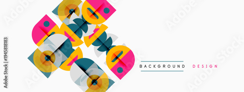 Abstract geometric shapes overlap, creating dynamic visual texture. Colors include blue, yellow, pink, green. Minimalist design elements present.