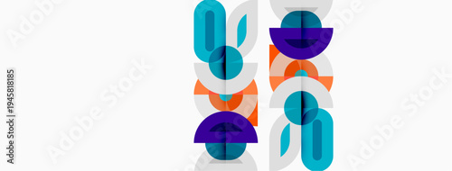 Abstract geometric shapes, circles, ovals, lines. Modern design, bright colors, minimalist aesthetic. Clean composition, simple forms.