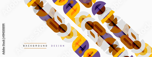 Abstract geometric shapes overlap, creating dynamic visual texture. Brown, purple, gold tones dominate white background. Modern design element.