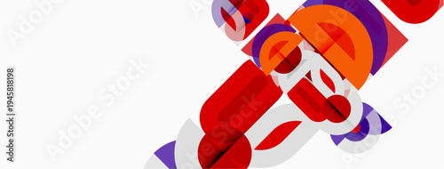 Abstract shapes overlap, creating vibrant color blocks. Red, orange, purple hues dominate white background. Modern design elements present.