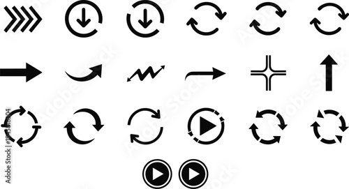 Arrow and refresh icons set with circular arrows, direction symbols and play buttons for navigation, loading, update and interface design