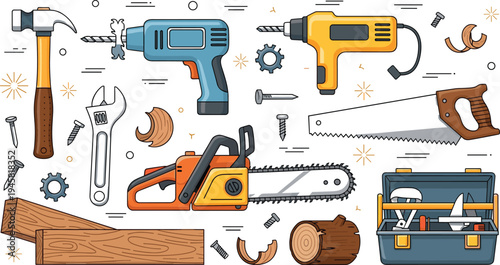 Carpentry and construction tools set with chainsaw drill hammer wrench saw toolbox and woodworking equipment vector illustration