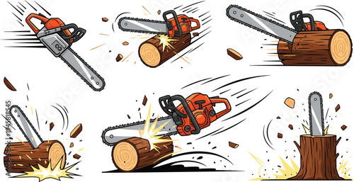 Chainsaw cutting wood action set with logging machine slicing tree trunks forestry equipment cartoon vector illustration