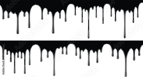 Black dripping liquid borders with paint, ink and slime effect, horror grunge drip elements isolated vector illustration for Halloween design