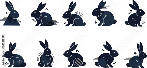 Rabbit silhouette set showing running, jumping and sitting bunny poses, minimal dark animal icons collection for wildlife, spring and nature design