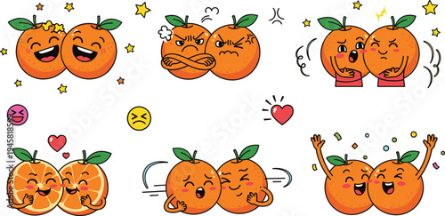 Cute orange fruit emoji expressions set with happy angry love laughing and surprised citrus cartoon mascot vector illustration